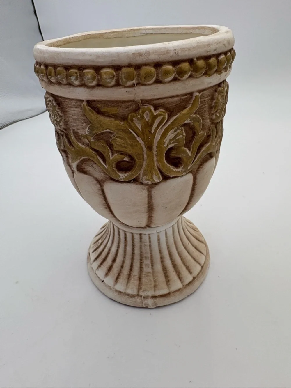 Vintage Grecian Style Cream and Golden Brown Ceramic Pedestal Vase or Planter